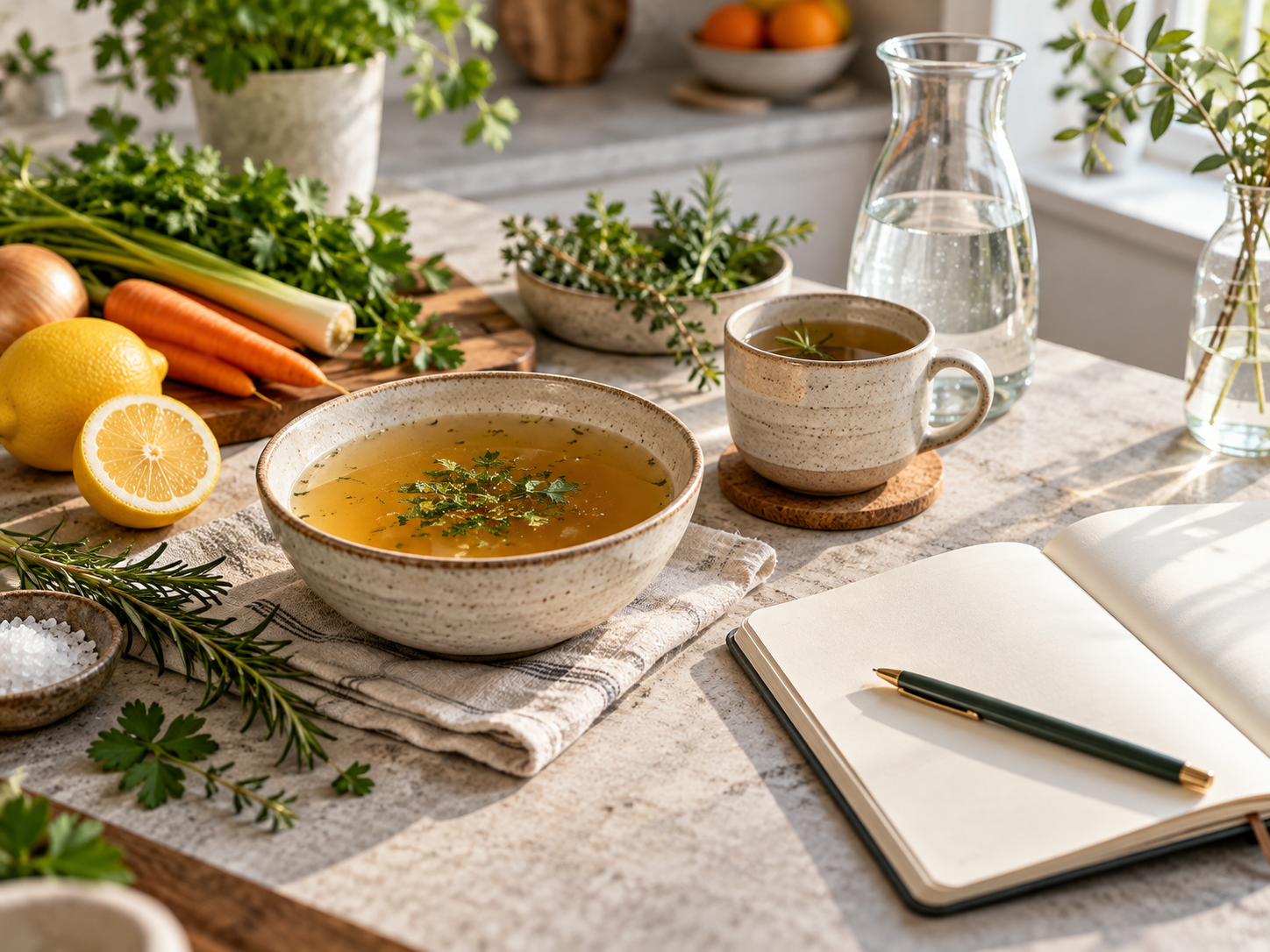 Vorbereiteter Tisch mit Gemüsebrühe, Kräutertee und Kursnotizbuch